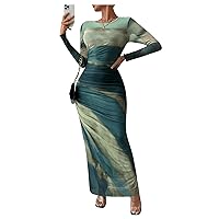 Floerns Women's Tie Dye Long Sleeve Maxi Dress Ruched Bodycon Prom Dress