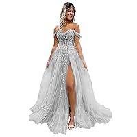 Off The Shoulder Lace Appliques Prom Dresses for Women 2024 Long Sparkly Tulle Corset Formal Evening Gowns with Slit