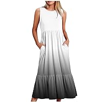 Sold by Amazon Only Products Women Sleeveless T-Shirt Dress with Pockets Loose Fitting Casual Long Dresses Tiered Ruffle Swing Tank Maxi Dress Womens Cover Up Black