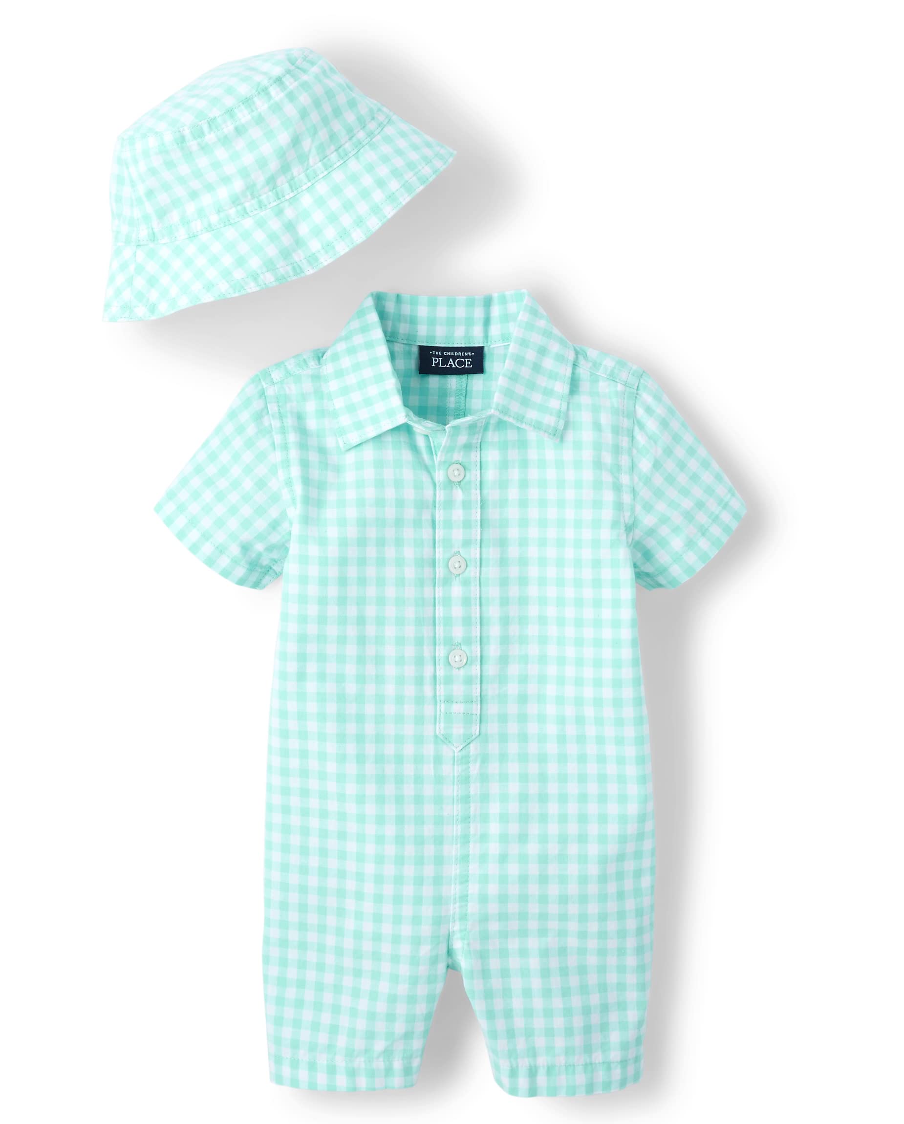 The Children's Place baby-boys And Newborn Woven Plaid Romper and Hat 2-piece Set