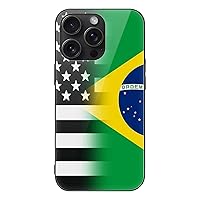 Black and White USA Brazilian Flag Funny Glass Phone Case Compatible with iPhone 15 Pro Max Slim Protective Shell Trendy Cover