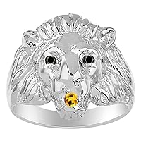 Rylos Mens Rings 14K White Gold Lion Head Ring Genuine Black Diamonds Eyes & Gemstone Colorstone in Mouth Fun Designer Rings For Men Men's Rings Gold Rings Sizes 6,7,8,9,10,11,12,13 Mens Jewelry