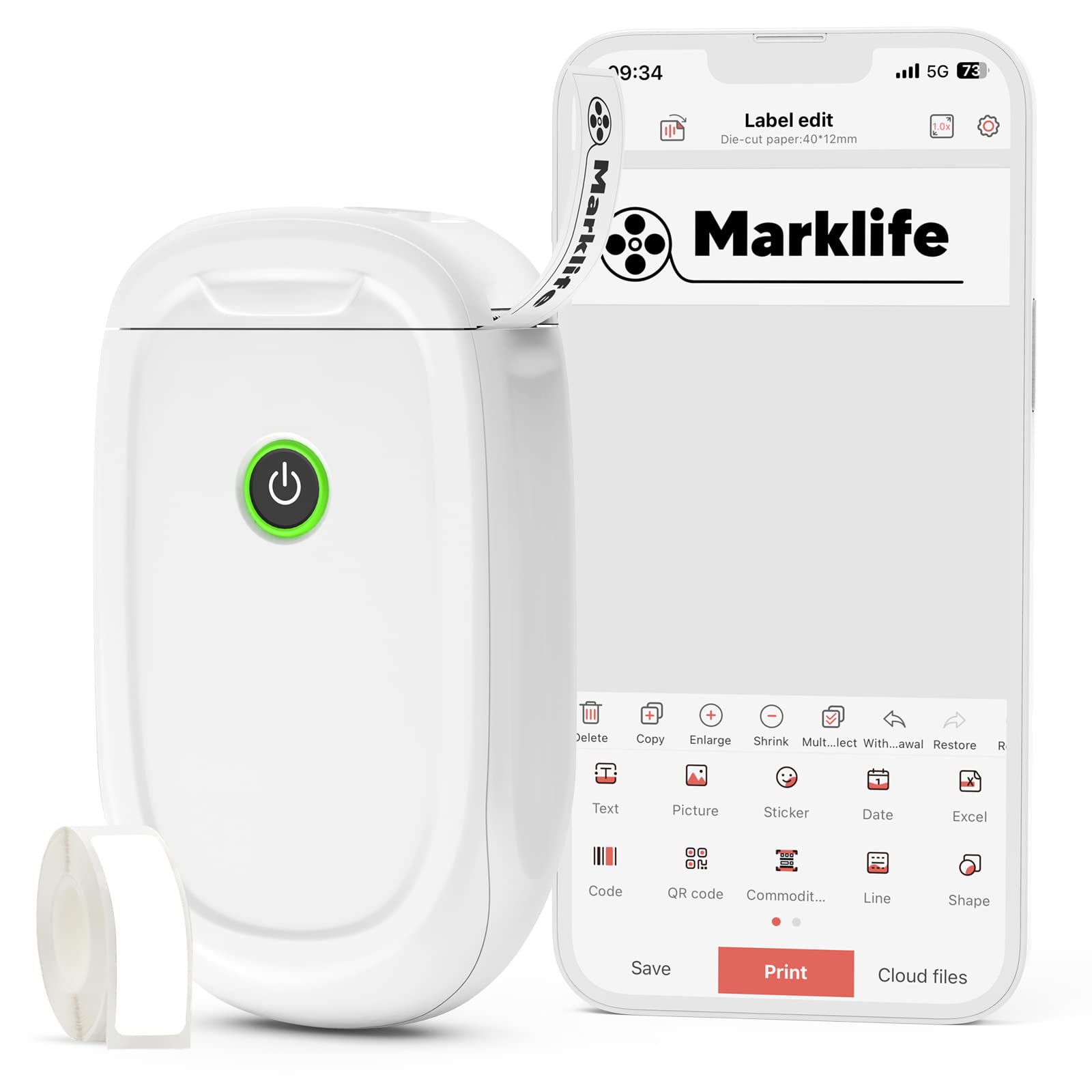 MARKLIFE P11 Label Makers, Portable Thermal Sticker Printer Machine with Tape, Inkless & Wireless, Labelmaker for The Home Edit and Office Organization, White