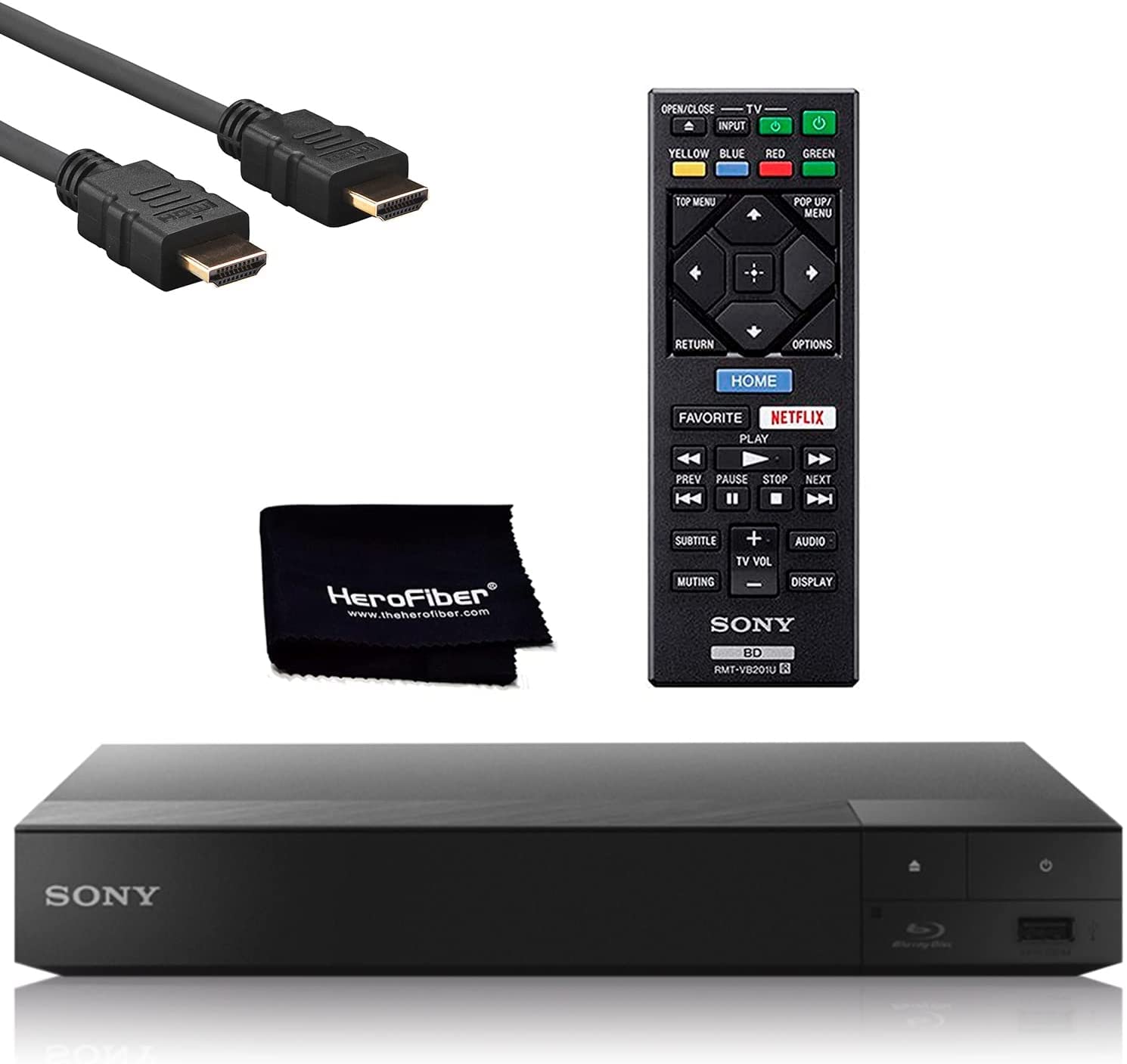 HeroFiber Bundle: Sony BDP-S3700 Blu-Ray Disc Player With Built-In Wi-Fi + Remote Control + Xtech High-Speed HDMI Cable W/Ethernet + HeroFiber Gentle Cleaning Cloth