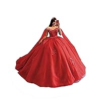 2024 Puffy Long Sleeve Ball Gown Tulle 3D Flowers Applique Quinceanera Evening Prom Dresses with Cape