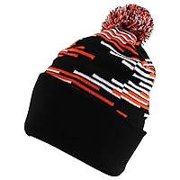 Trendy Apparel Shop Made in USA Staggered Bar Pattern Pom Pom Long Cuff Beanie