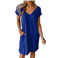 Summer Dresses for Women 2024 Basic Short Sleeve V Neck Plain T Shirt Dresses with Pockets Casual Loose Fit Lightweight Soft