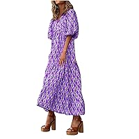 Women's Casual Summer Maxi Dress 2024 Fashion Printed Bubble Sleeve V Neck Smocked Tiered Ruffle Long Dresses