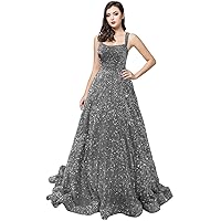 Topfountonart Women's Prom Dresses Formal Evening Dress Spaghetti Straps Neck Glitter Party Dress with Pockets