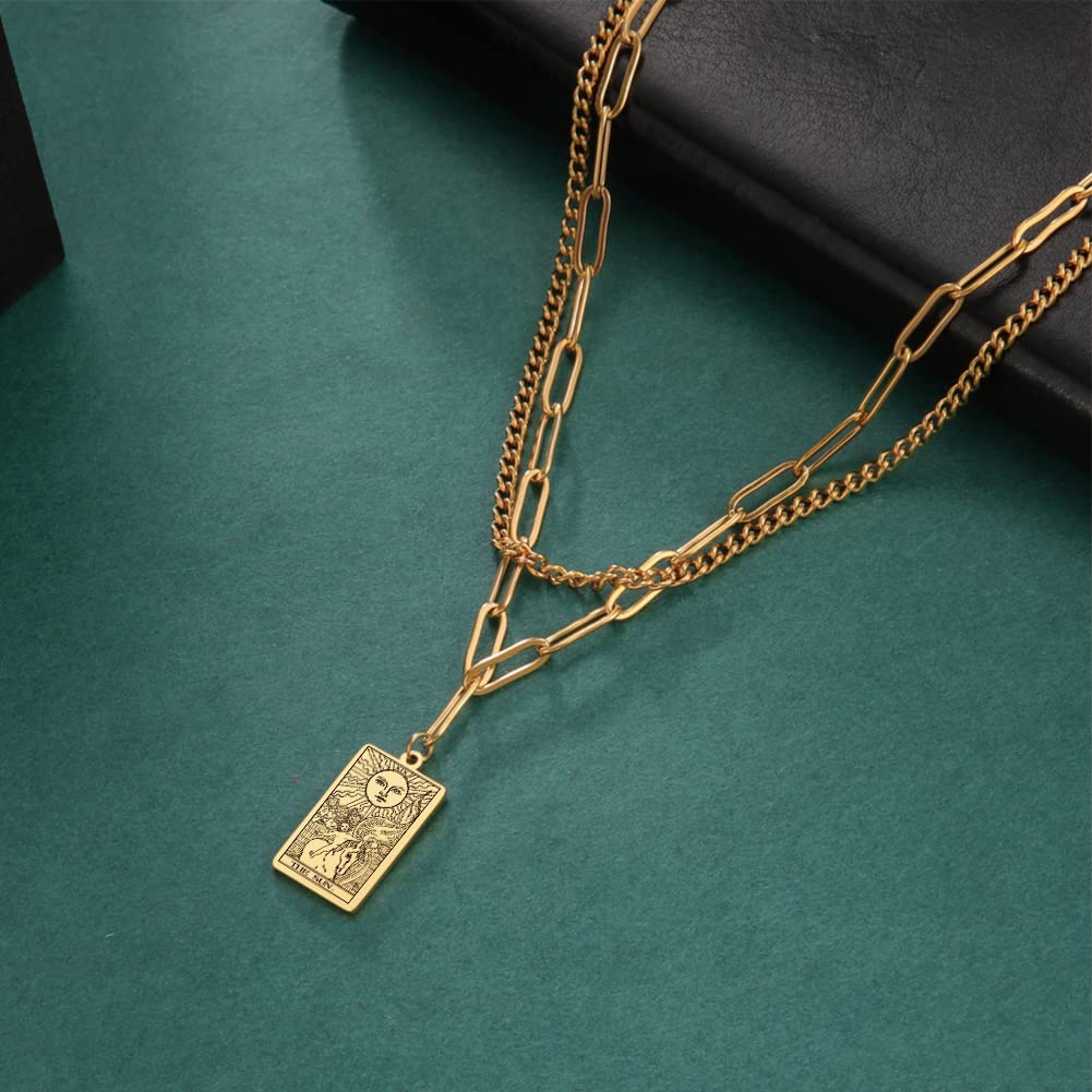 TEAMER Double Layer Necklace Vintage Tarot Jewelry Good Luck Amulet Pendants Stainless Steel Necklace