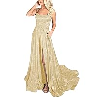 Women's Halter Sparkly Glitter Prom Dresses Long Backless Evening Formal Gowns with Train