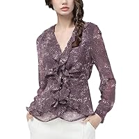 Chic Women' Long Sleeve Purple Chiffon Blouse Stylish Ruffles V-Neck Top Back Lace-Up Beaded Female Tunic Shirts