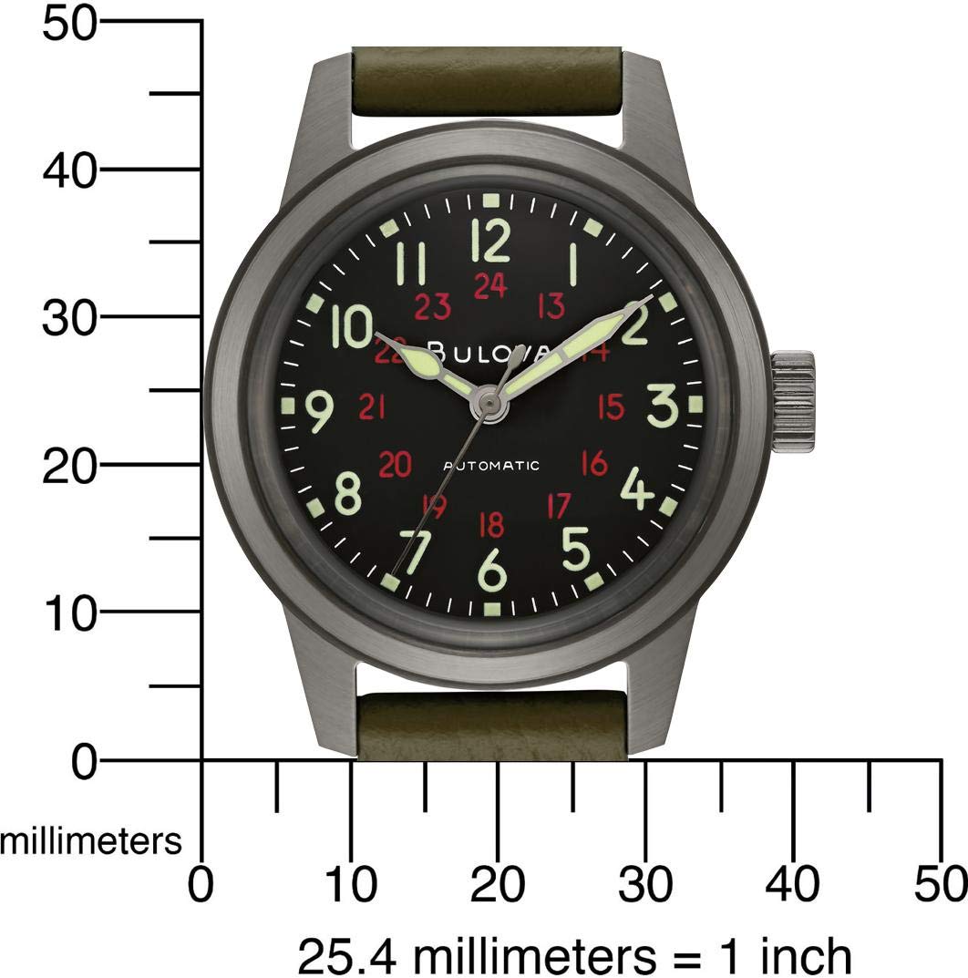 Bulova Men's Military Heritage Hack Stainless Steel 3-Hand Automatic Watch, NATO Leather Strap, Luminous Hands and Markers