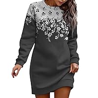 Women's Fashion Autumn and Winter Print Color Contrast Long Sleeved Round Neck Sweatshirt Dress Simple Midi Dresses