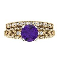 Clara Pucci 2.04 carat Round Cut Solitaire with Accent Natural Amethyst Wedding Anniversary Bridal Ring band set 14k 2 Tone Gold