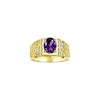 Rylos Men's Rings Designer Nugget Ring: Oval 9X7MM Gemstone & Sparkling Diamonds - Color Stone Birthstone Rings for Men, Yellow Gold Plated Silver Rings in Sizes 8-13. Mens Jewelry
