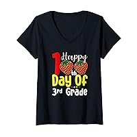 Womens Happy 100th Day Of 3rd Grade Strawberry Teacher Or Student V-Neck T-Shirt
