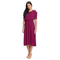 London Times Women's Shirred Jewel Neck Pleated Ruched Sleeve Elastic Waist Midi Dress