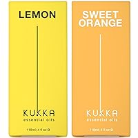 Lemon Essential Oil for Diffuser & Orange Essential Oil for Diffuser Set - 100% Natural Aromatherapy Grade Essential Oils Set - 2x4 fl oz - Kukka