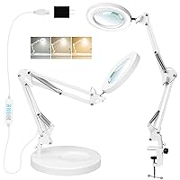 10X Magnifying Glass with Light and Stand, 2-in-1 Stepless Dimmable LED Magnifying Lamp with Clamp, 3 Color Modes Lighted Magnifier Lens Swivel Arm Light for Reading, Craft, Close Works -White