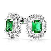 Deco Style Green Rectangle CZ Baguette Halo Simulated Emerald Cut Cubic Zirconia Stud Earrings Silver Plated Brass