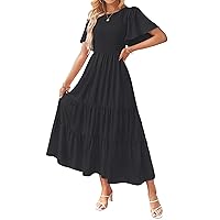 ZESICA Women's Summer Casual Flutter Short Sleeve Crew Neck Solid Color Smocked Tiered A Line Flowy Beach Midi Dress