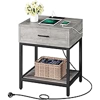 Nightstand Bedside Table with Charging Station Type C&USB Ports, Modern End Table with 1 Drawer Storage Cabinet, Side Table for Bedroom Living Room Grey