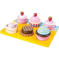 Small Foot Wooden Cupcake and Cake Playset 13 Piece Set - Cuttable Play Food with Interchangeable Velcro Toppings – Includes Serving Tray - Imaginative Learning Through Role Play – Ages 3+ Years