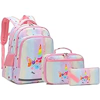 Girls Unicorn Backpack, Elementary School Kids Backpack for Girls Unicorn Bookbag Set with Chest Strap Lunch Bag and Pencil Case