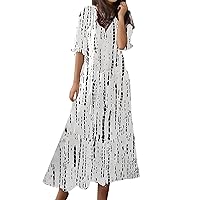 New Drawstring Medium Sleeve Dress with Tassels Wide Bohemian Print V Neck Irregular Hem Tight Summer Dresses for Women