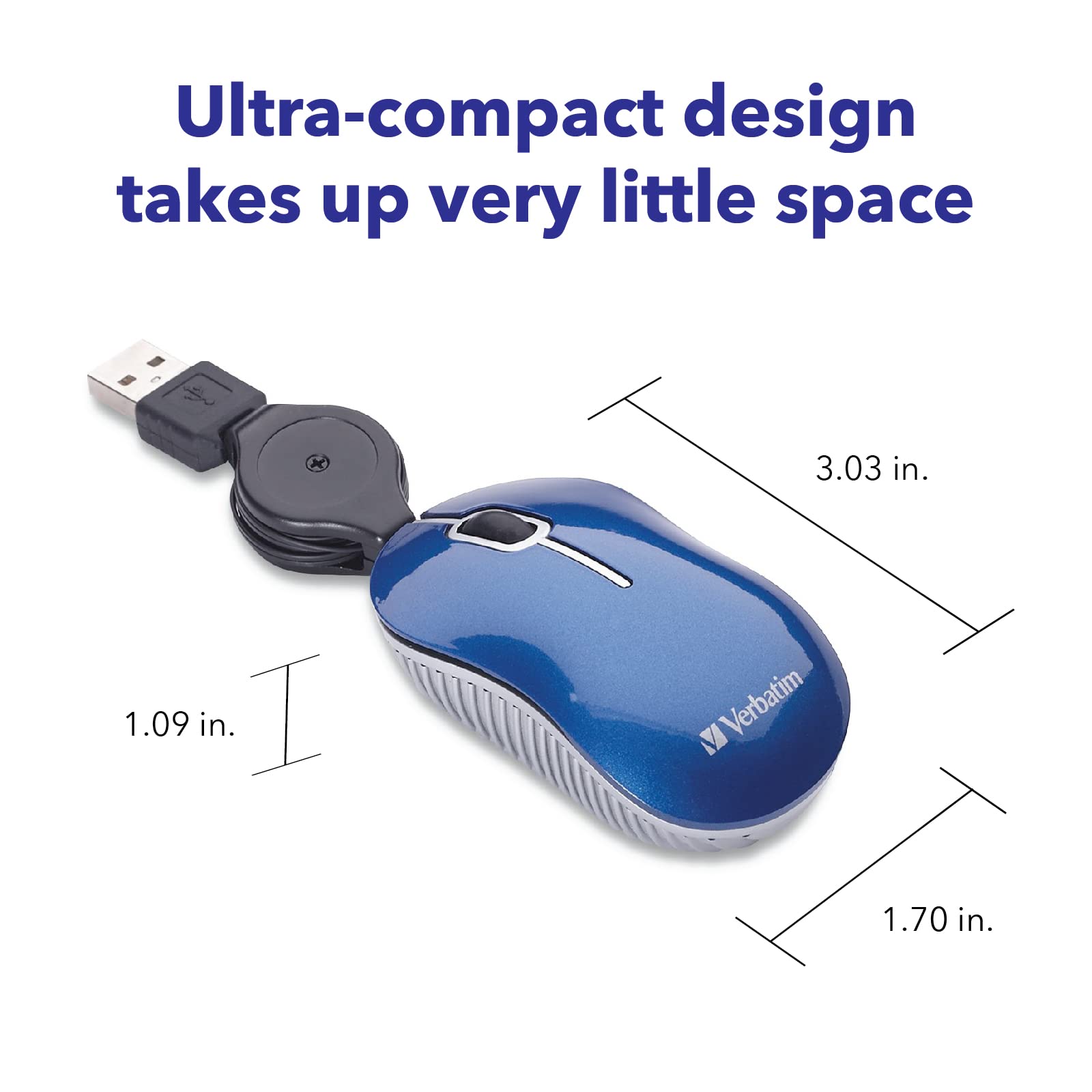 Verbatim Wired Optical Computer Mini USB-A Mouse - Plug & Play Corded Travel Mouse – Blue 98616