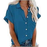 Womens Blouses Dressy Casual Button Down Shirts Summer Tops 2024 Fashion Loose Short Sleeve Lapel V Neck Solid Tunic Shirt