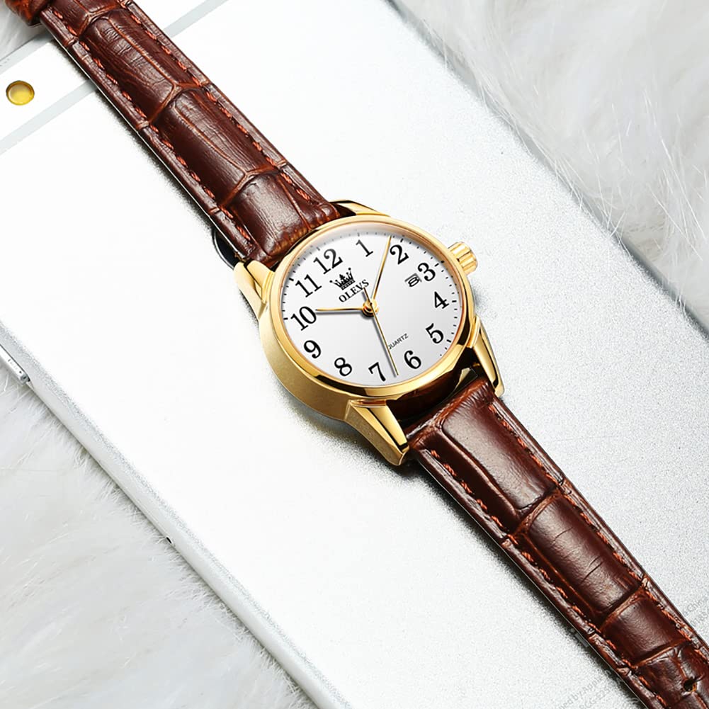 OLEVS Elegant Women's Watch Brown Leather Watches for Women Fashion Dress Women Watch Waterproof Quartz Female Wristwatch Retro Watch for Wome