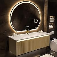 Bathroom Vanity with Sink - Luxurious Bathroom Vanity Includes Light Yellow Striped Panel,Wall Mouted Vanity with Auto Sensor Light & Smart Round Mirror,Golden Faucet(48IN)