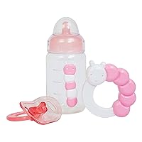 JC Toys Pink Baby Doll Bottle, Rattle & Pacifier Set for Keeps Playtime! | Fits Many Dolls up to 15