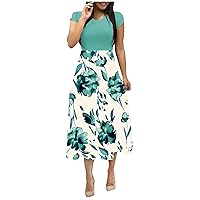 Maxi Dress for Women Casual Trendy Elegant Crewneck Short Sleeve Floral Print Soft Stretch Baggy Party Splice Dresses