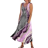 Beach Dresses for Women 2024 Vacation,Womens Vintage Floral Print Crewneck Sleeveless Maxi Dress Flowy Long Dress
