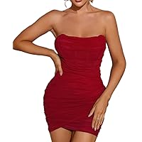 Sexy Off Shoulder Mesh Bodycon Corset Tube Dress Party Ruched Vintage Strapless Zipper Night Out Dresses for Women