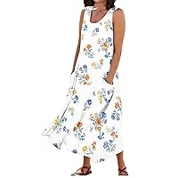 Linen Dress for Women 2024 Summer Casual Sleeveless Long Dress Flowy Tank Dress Printed Maxi Dresses with Pockets
