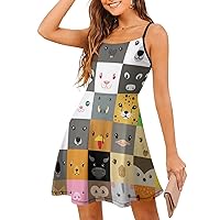 Set of Cute Simple Animal Faces Spaghetti Strap Mini Dress Sleeveless Adjustable Beach Dresses Backless Sundress for Women