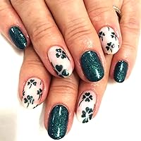 St. Patrick's Day Press on Nails Short Oval Fake Nails with Four Leaf Clover Shamrock Designs Green Glitter Full Cover Reusable Glue on Nails Dark Green Acrylic Artificial Nails Irish for Women 24Pcs