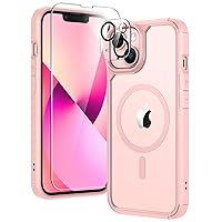 TAURI 5-in-1 Magnetic for iPhone 13 Case for iPhone 14 Case, [Designed with Magsafe] with 2 Screen Protector +2 Camera Lens Protector, Shockproof Case for iPhone 13/14, Pink