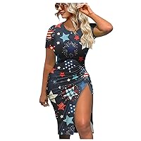 American Flag Dress for Women 4th of July Print Slim Fit with Short Sleeve Round Neck Side Slit Sexy Dresses