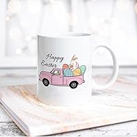 Funny White Ceramic Coffee Mug Happy Easter Day Pink Truck And Eggs Coffee Cup Drinking Mug With Handle For Home Office Desk Novelty Easter Gift Idea For Kid Children Women Men