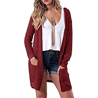 Andongnywell Women Hooded Hollow Knit Cardigan Hoodies Hollow Out Pocket Long Sweaters Boho Open Stitch Crochet