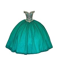 Sparkly Crystal Top Off Shoulder Ball Gown Glitz Tulle Quinceanera Prom Dresses with Sleeves