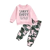 Fernvia Toddler Baby Girl Clothes 1-6T Fall Outfits Letter Print Long Sleeve Sweatshirt Tops and Camouflage Pants Clothes Set