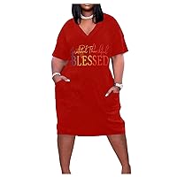 SOLY HUX Women's Plus Size Dress Letter Graphic V Neck Short Sleeve T Shirt Midi Dresses with Pockets