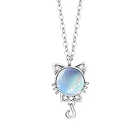 Bellitia Jewelry Rose Gold Plated 925 Sterling Silver Moonstone Pendant Necklace for Women, Cute Cat Motif Necklace with 45cm Collarbone Chain for Her, Delicate Gift for Valentine's Day