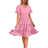 Zattcas Women 2024 Short Sleeve Summer Dress V Neck Smocked Waist Casual Flowy A Line Tiered Work Midi Dresses